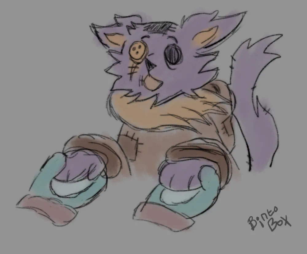 Drawing of binturong plushie holding Seam's mitts